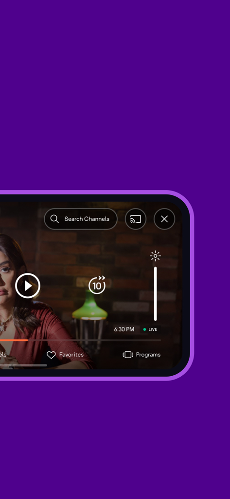 Interface of the stc tv mobile app video player showing playback controls and a live broadcast indicator