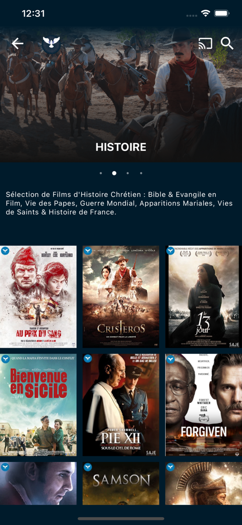 SAJE + - Interface de l'application SAJE plus affichant une sélection d'affiches de films historiques et religieux