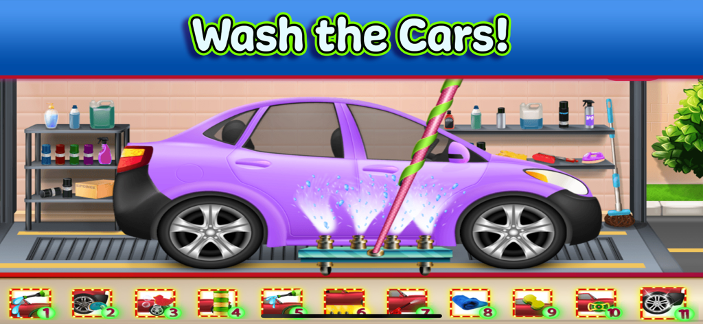 Tiny Car & Truck Wash Games - A purple car being rinsed with water in a car wash game for kids