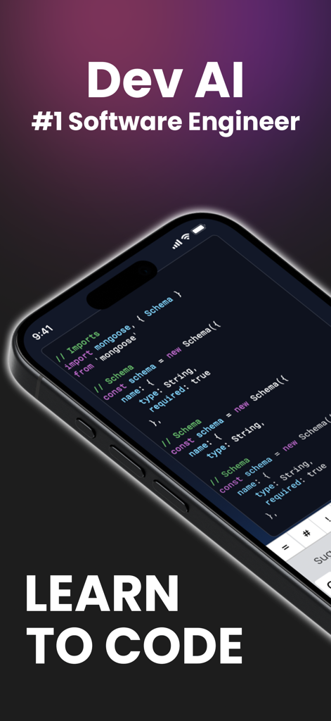 Dev AI – Learn Coding - Dev AI 앱 스크린샷이 AI 소프트웨어 엔지니어 어시스턴트와 함께 코딩을 배우는 인터페이스를 보여줍니다.
