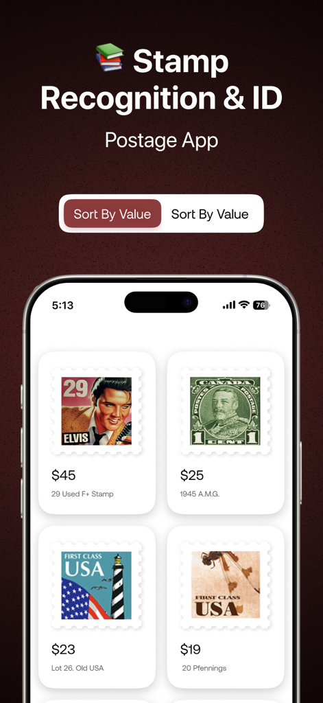 Stamp Value Identifier AI - 推定市場価値が表示された識別済み郵便切手のリストを示すスタンプ認識アプリのインターフェース