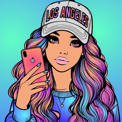 realistic beautiful girl wearing los ángeles cap holding an iphone