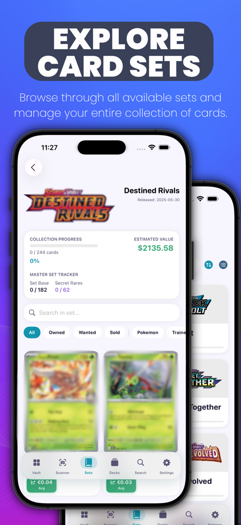 Poke TCG Vault - Card Value - La aplicación Poke TCG Vault mostrando la exploración de conjuntos de cartas y el seguimiento del progreso de la colección