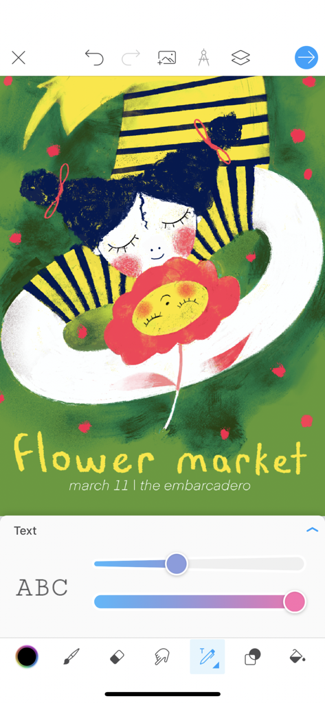 Obra de arte digital de una chica con una flor que muestra la interfaz de la herramienta de texto en Picsart Color