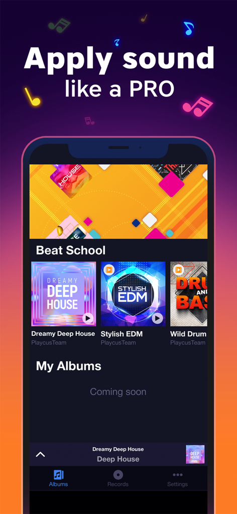 A mobile screenshot showing the Beat School section of the Groove Masters app with music genres like Dreamy Deep House and Stylish EDM.