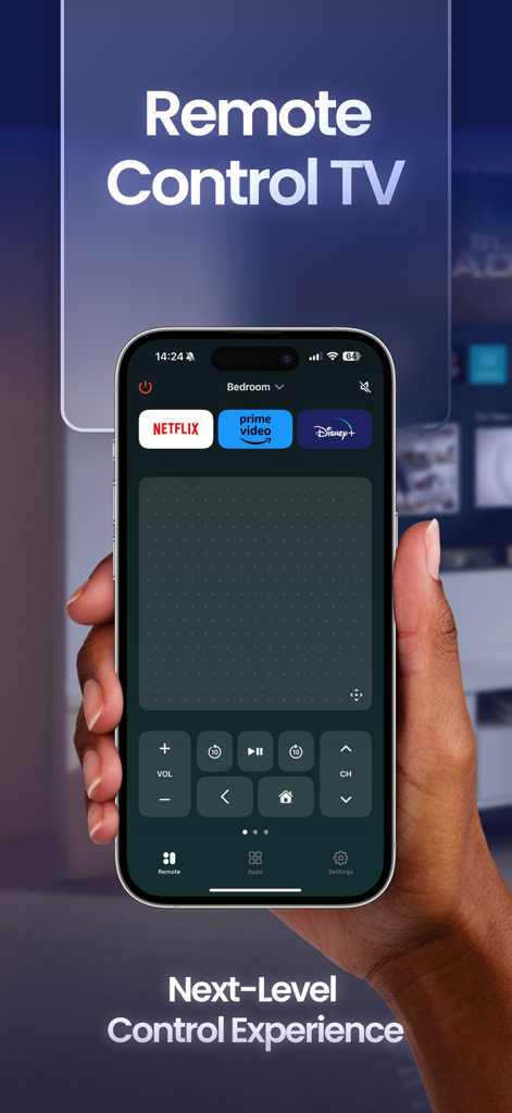 Remote Control TV & Smart - A hand holding an iPhone showing the digital interface of the Remote Control TV app including streaming shortcuts and a touchpad