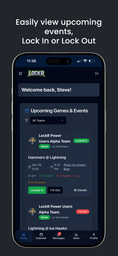 LockR App - Team Manager - Dashboard of LockR app showing upcoming sports games and attendance tracking features