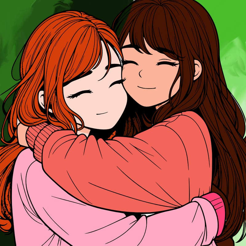 realistic two girls hugging