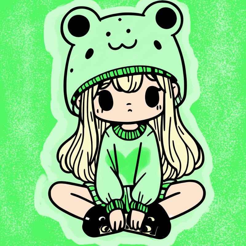 a girl wearing a frog hat and some frog socks