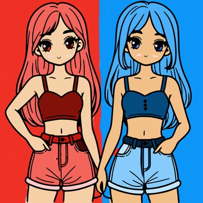 two sisters with crop tops and jean shorts and straight hair