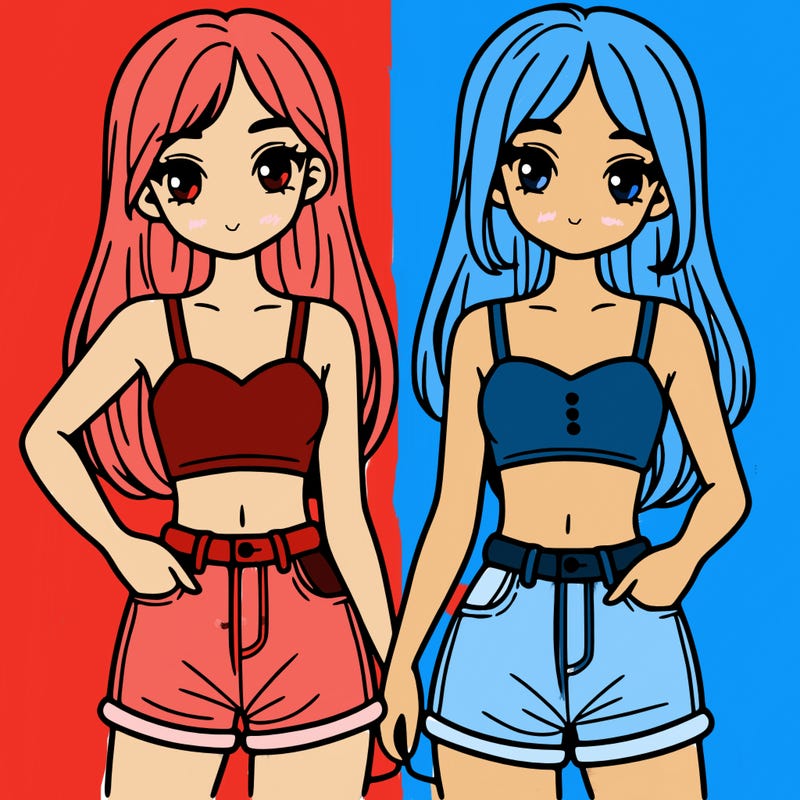 two sisters with crop tops and jean shorts and straight hair
