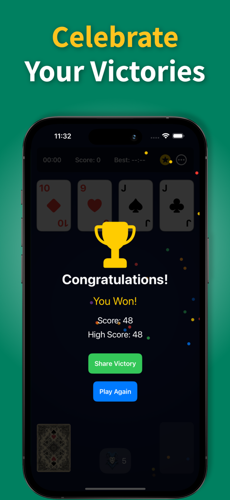 Victory screen of Aces Up Solitaire displaying a gold trophy and final game score