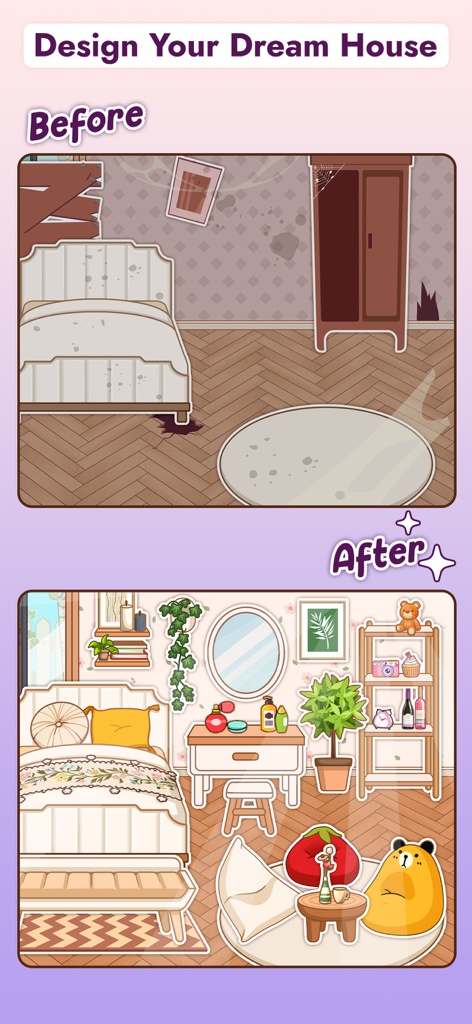 Comparación de antes y después de un dormitorio de casa de muñecas de ensueño decorado como parte de un cambio de imagen