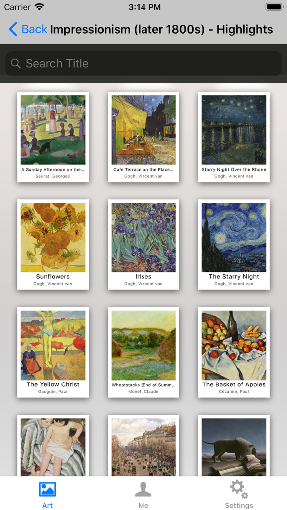 Art Authority - Art Authority app gallery view showcasing Impressionist art highlights by famous artists like Van Gogh and Monet.