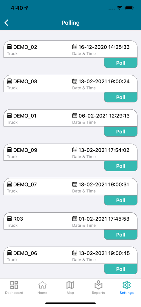 gFleet+ - gFleet plus App-Abfragebildschirm mit einer Liste von Demo-Lkw mit Datums- und Zeitstempeln