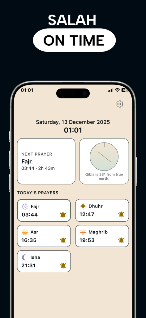 Islamic prayer times and qibla direction dashboard on Ilm AI Quran app
