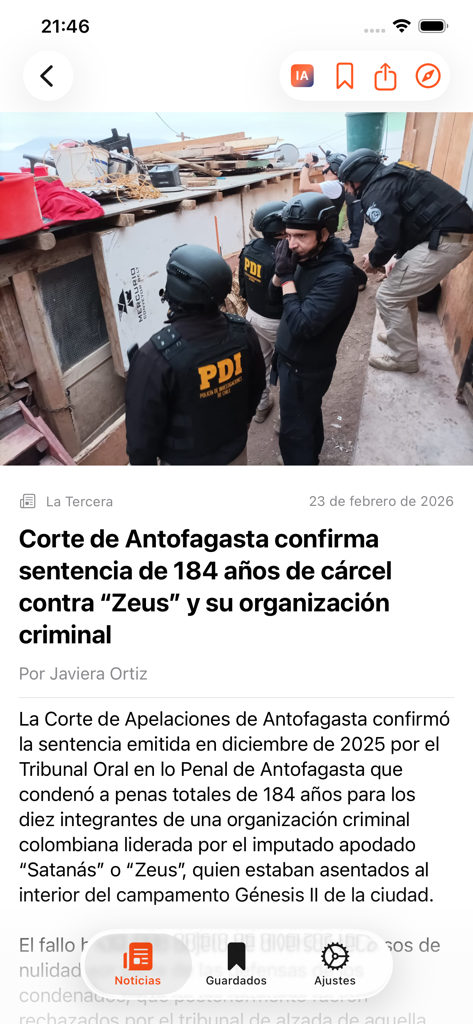 Noticias de Chile: Diarios - Mobile app screen displaying a news article from La Tercera about a court ruling in Chile with an image of PDI officers