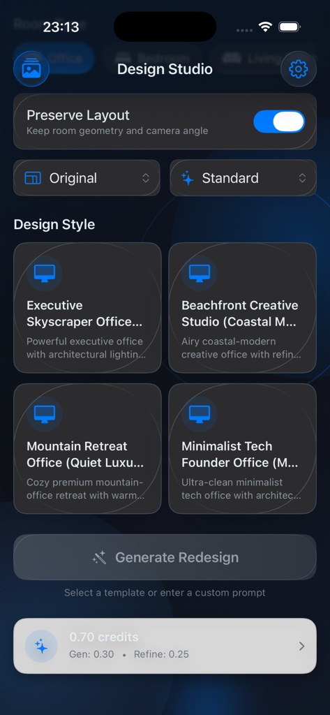 Room Lift - Room Lift App Design Studio-Oberfläche mit KI-Büro-Einrichtungsstilen und Einstellungen zur Layout-Erhaltung