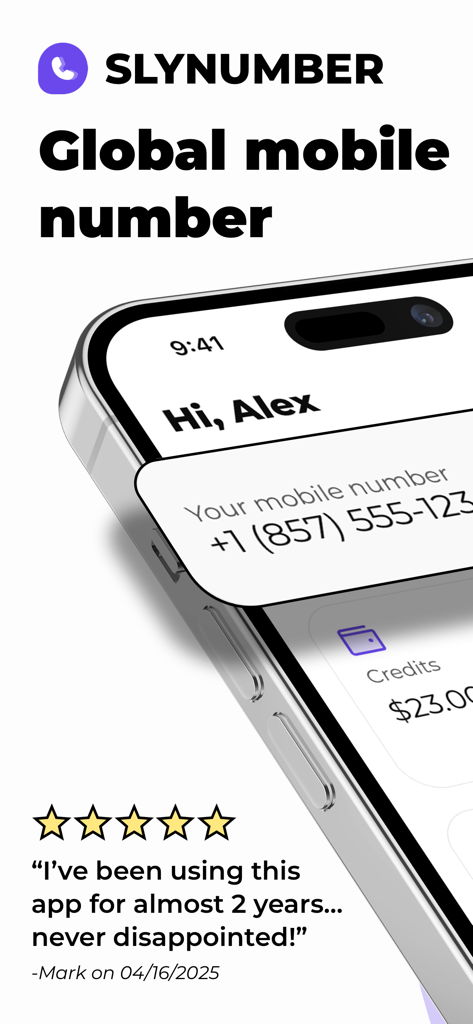 SLYNUMBER app interface showing a real mobile number and a five star user testimonial