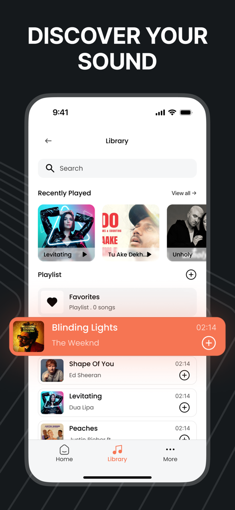 PlayTube : Music , Videos - Eine minimalistische Musikbibliotheks-Oberfläche in der PlayTube-App, die kürzlich abgespielte Songs und eine Wiedergabefunktion für Blinding Lights zeigt