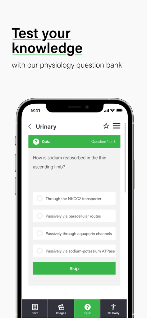 A multiple choice physiology quiz question about the urinary system displayed on a mobile screen.