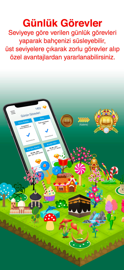Risale-i Nur Kütüphanesi - Interfaz de la aplicación Risale-i Nur que muestra tareas diarias y un jardín virtual decorativo