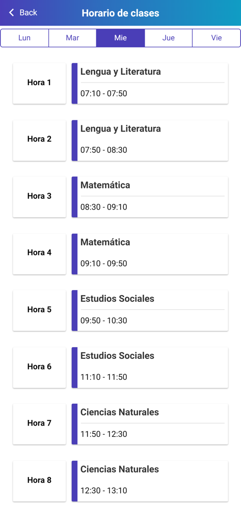 Runachay - Runachay app interface showing a student daily class schedule with subjects and times