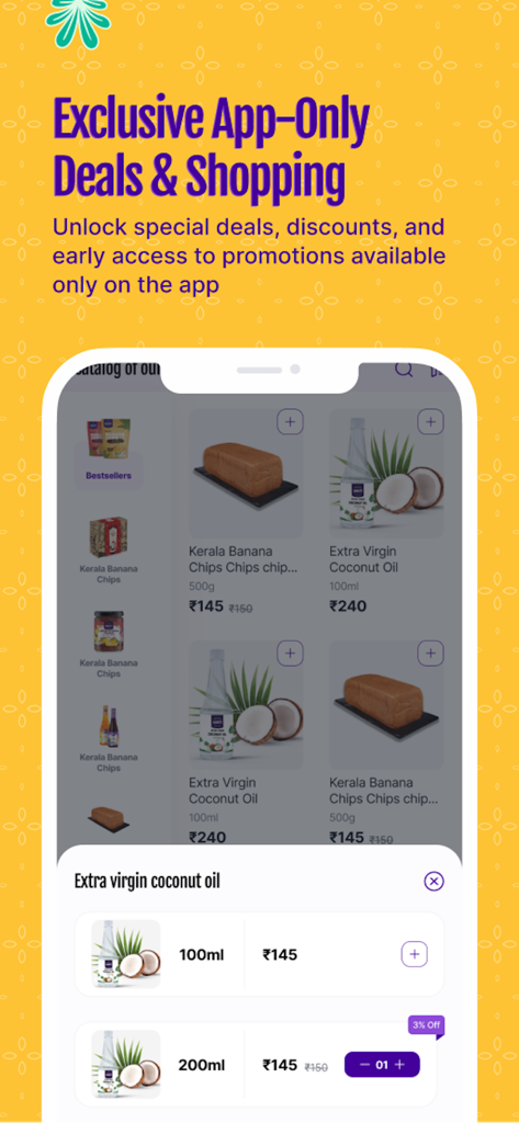 Southside Store mobile app screen showcasing exclusive deals and a catalog of authentic South Indian products like banana chips and coconut oil