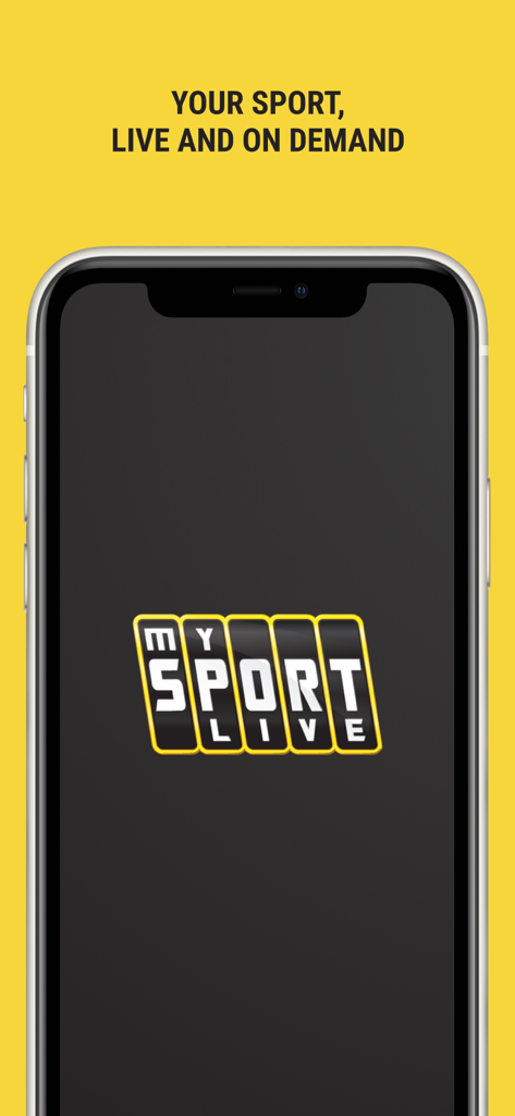 Pantalla de inicio de la aplicación My Sport Live que muestra el logo y el lema Tu deporte en vivo y bajo demanda sobre un fondo amarillo