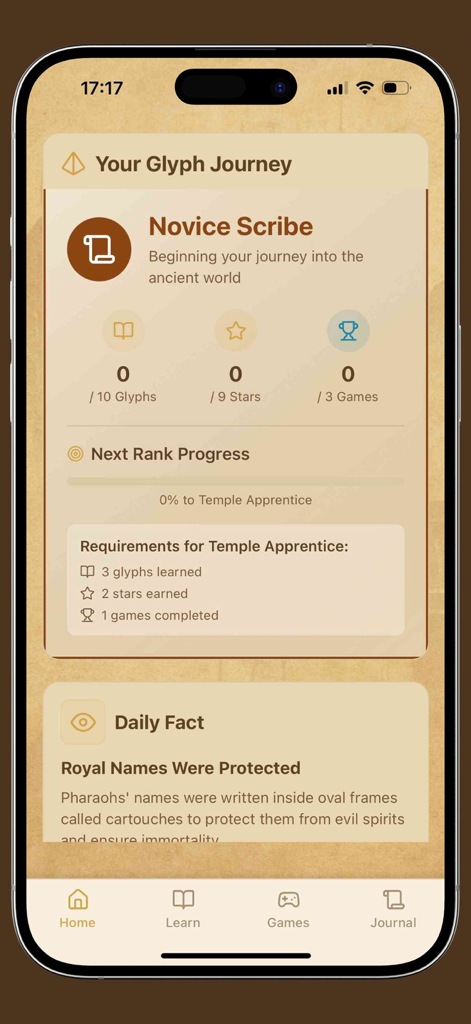 GlyphsQuest app interface showing novice scribe rank and daily historical fact