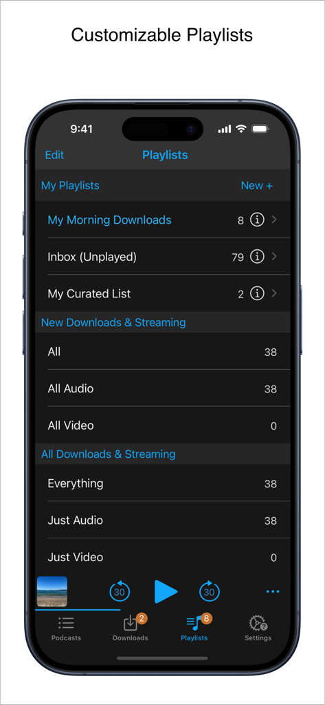 iCatcher Podcast Player interface showing customizable playlist management on iPhone.