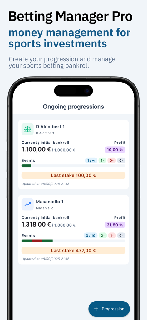 Dashboard of Betting Manager Pro app showing ongoing staking progressions and bankroll management for sports investments.
