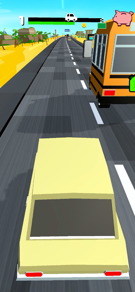 OverTake - Une voiture jaune dépassant un bus scolaire dans le jeu mobile OverTake