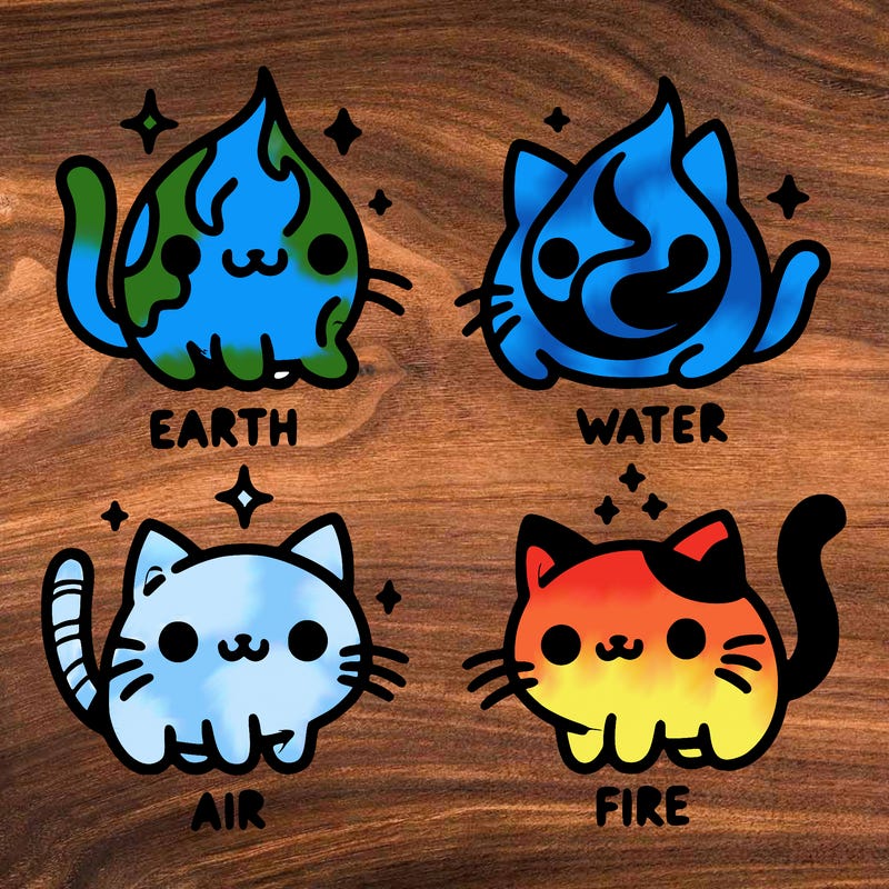 4 cats that represent the different elements, earth, water, air, and fire