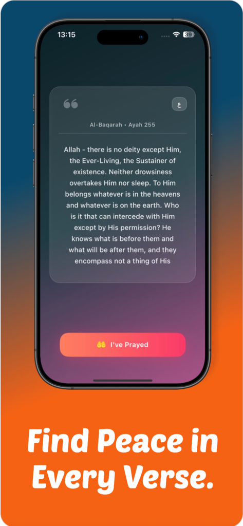 Pray Screen Time - Quran Focus - Smartphone screen showing a Quran verse and the text Find Peace in Every Verse.