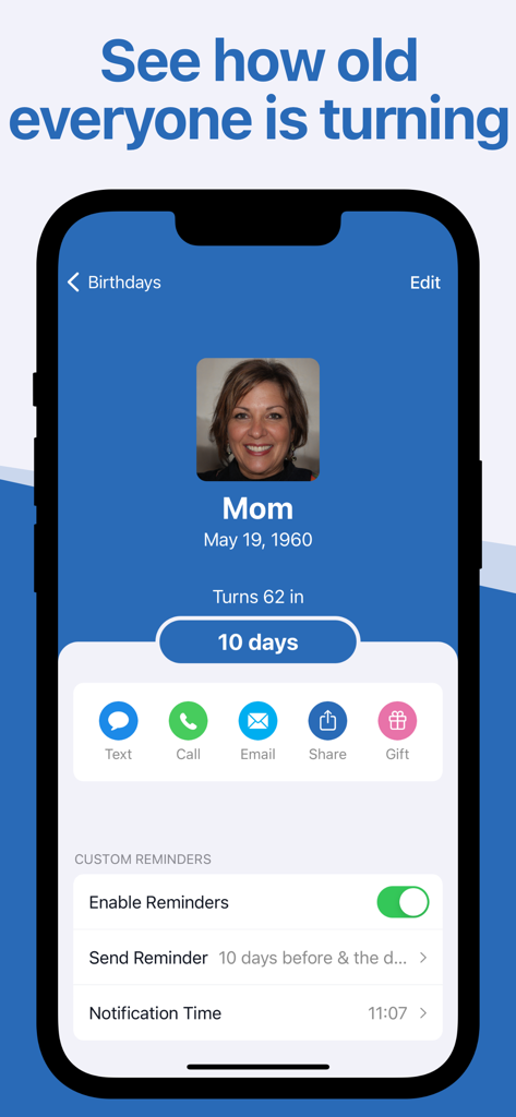 App screen showing a countdown and age milestone for a birthday reminder