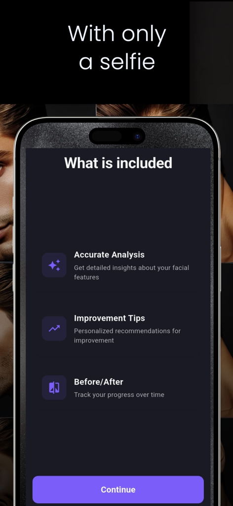 얼굴 분석 및 개선 팁과 같은 기능을 나열하는 룩스맥스 AI 앱 화면