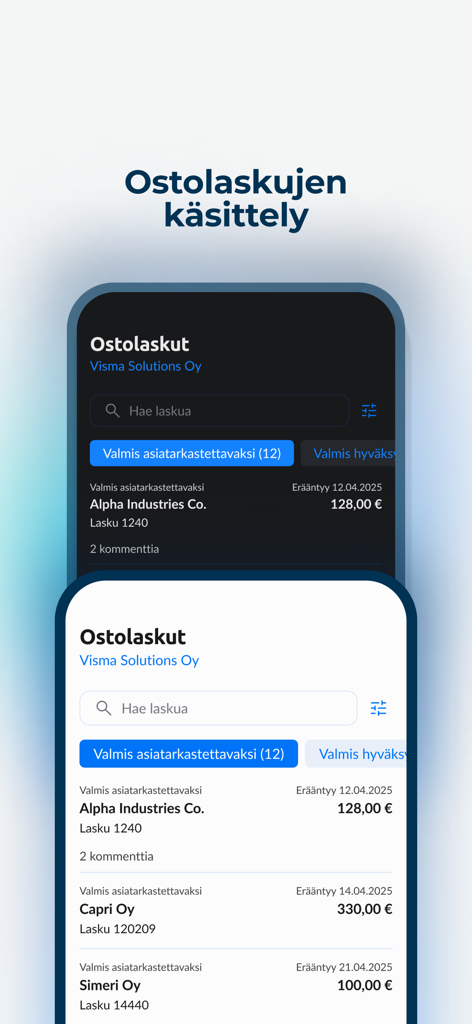 Netvisor - Netvisor mobile app interface displaying purchase invoice processing with light and dark mode options.
