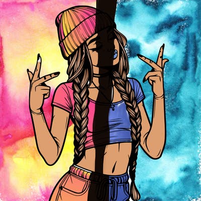 realistic teenage girl with braids and a beanie and crop top doing 🫶🏼