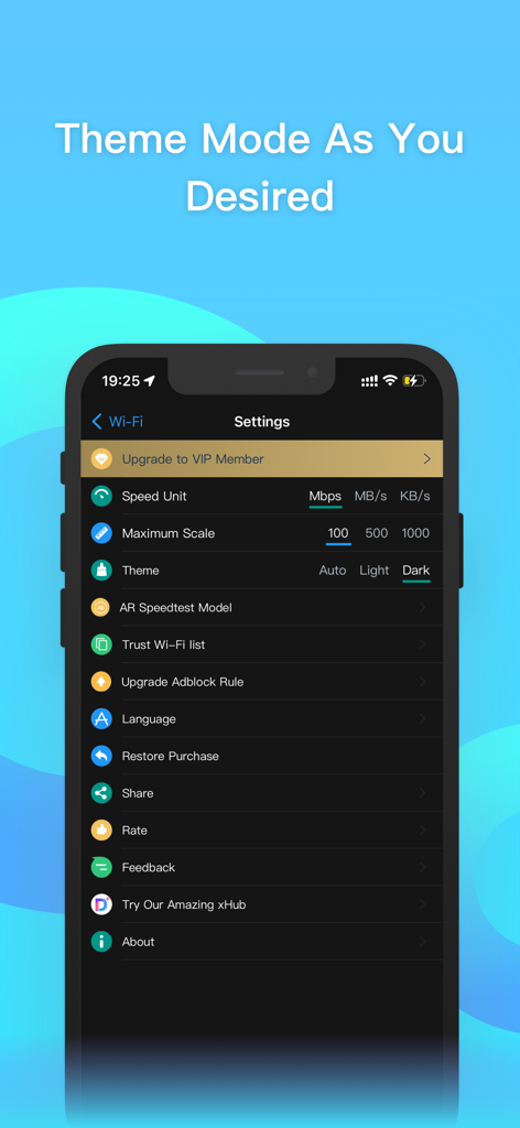iWifi - AR speed & signal test - A smartphone screen displaying the settings menu of the iWifi app with the dark theme mode enabled.