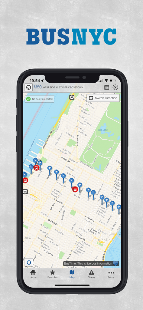 Bus New York City - La aplicación Bus New York City muestra las ubicaciones de los autobuses en tiempo real en un mapa de Manhattan