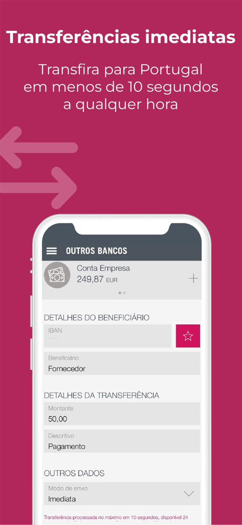 Interface of the M Empresas mobile app for making instant business transfers to Portugal