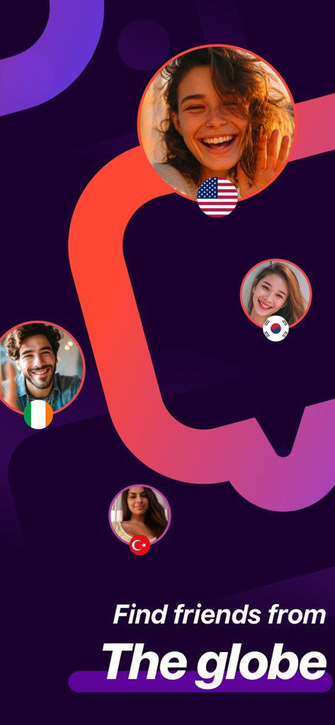 A graphic showing diverse profile pictures with country flags and the text Find friends from The globe.