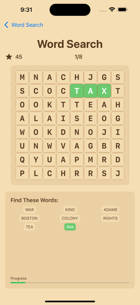 Revolutionary War - A word search puzzle from the Revolutionary War app featuring historical terms like Boston Tea and Tax