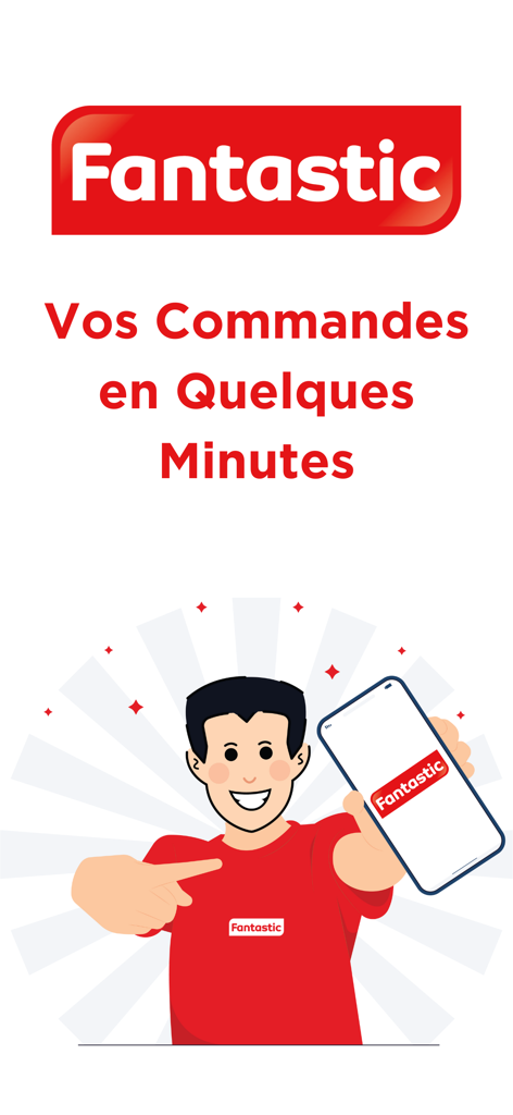 Fantastic: Orders Delivery - Ilustración de un hombre sosteniendo un teléfono inteligente que muestra el logotipo de la aplicación de entrega de Fantastic
