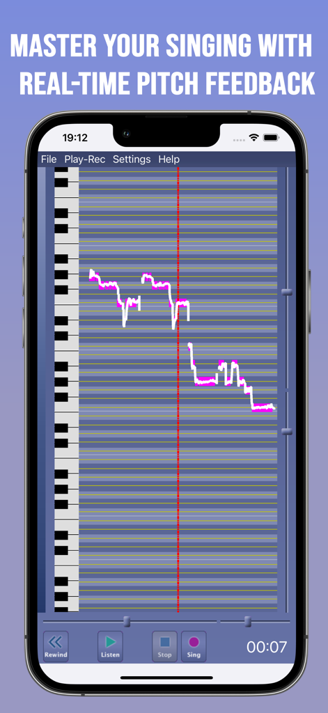Singing Tutor - Interfaz de la aplicación móvil Tutor de Canto que muestra retroalimentación de afinación en tiempo real y cuadrícula de análisis de voz