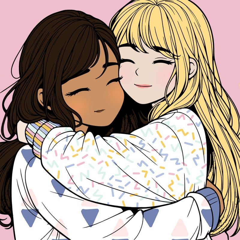 realistic two girls hugging