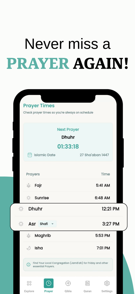 Muslim Guidance - Quran Majeed - Muslim Guidance app interface showing a countdown to the next prayer and a daily schedule of Islamic prayer times