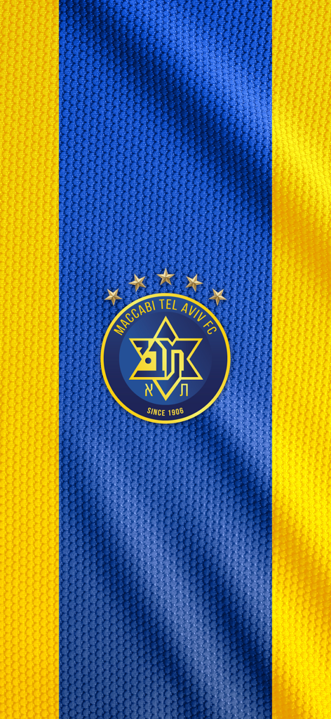 Maccabi Tel Aviv FC official logo on a yellow and blue striped fabric background