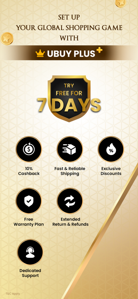 Ubuy: International Shopping - Une liste des avantages d'adhésion premium Ubuy Plus, y compris dix pour cent de remise en argent, expédition rapide et réductions exclusives